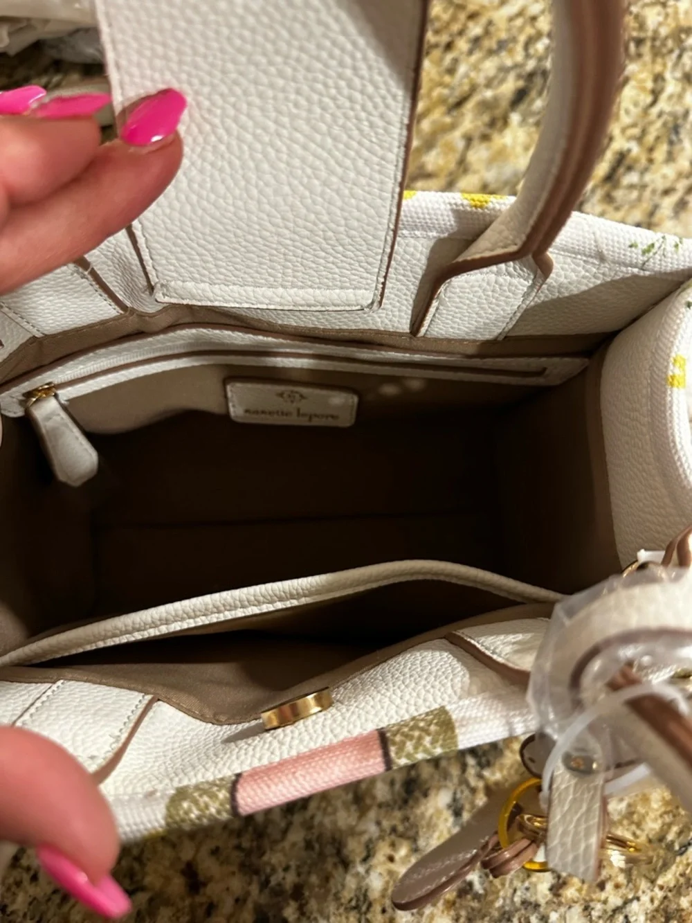 Nanette Lepore White Floral Satchel with Pink and Green Stripe - Picture 11 of 15